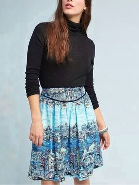 Anthropologie 52 Conversations Colloquial Venice Blue Scenic Print A-Line Skirt